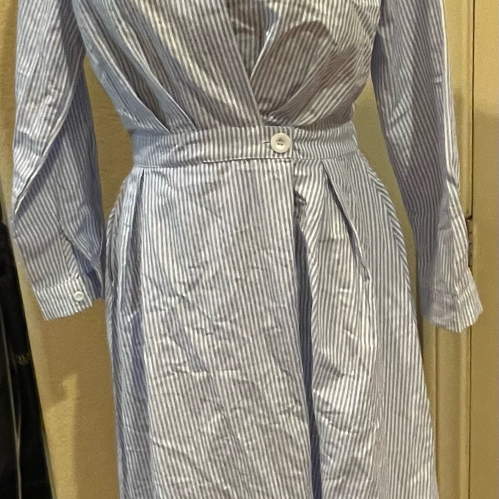 Blue and White Midi Dress with Bishop Sleeves and Plunge Neckline